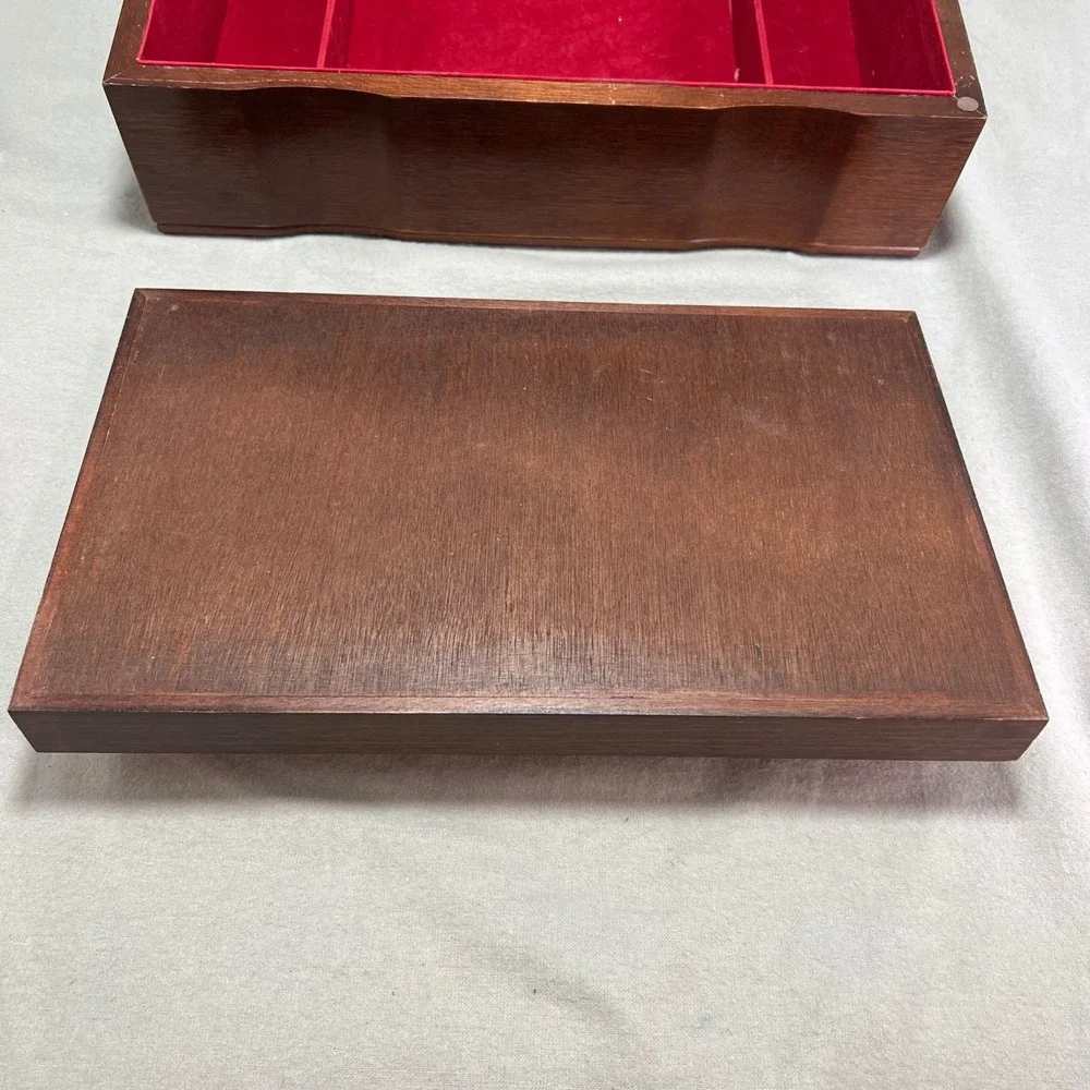 Vintage Wooden Jewelry Box Chest Red Velvet Lining Removable Tray Necklace Hooks